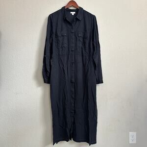 J Jill Dress Large Tall Maxi Shift Full Button Black Long Sleeve Office Modest